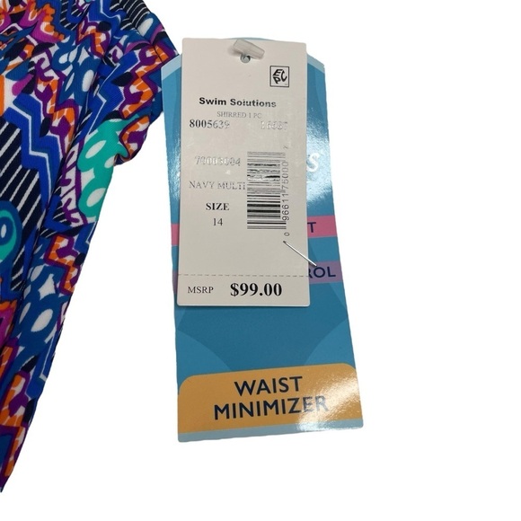 Swim Solutions Tummy Control Shirred One Piece Swim Suit Navy Multi 14 New - Picture 4 of 7
